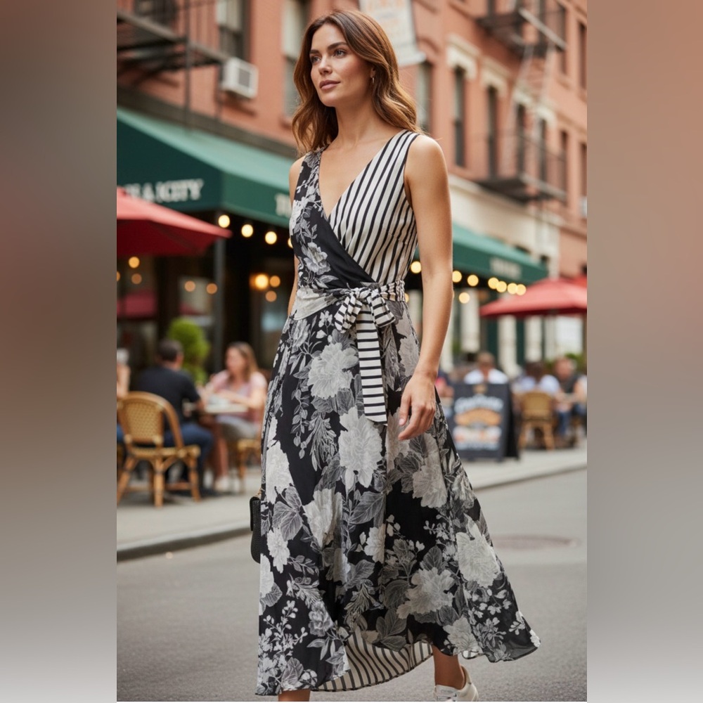 INC Women's Black Floral Stripe Printed Ruffle-trim Maxi Dress - Picture 8 of 9